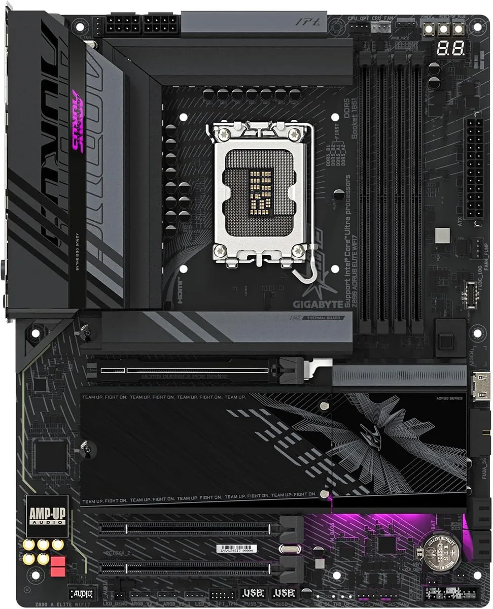 ATX motherboard in dark finish with silver heatsinks and LGA 1851 socket