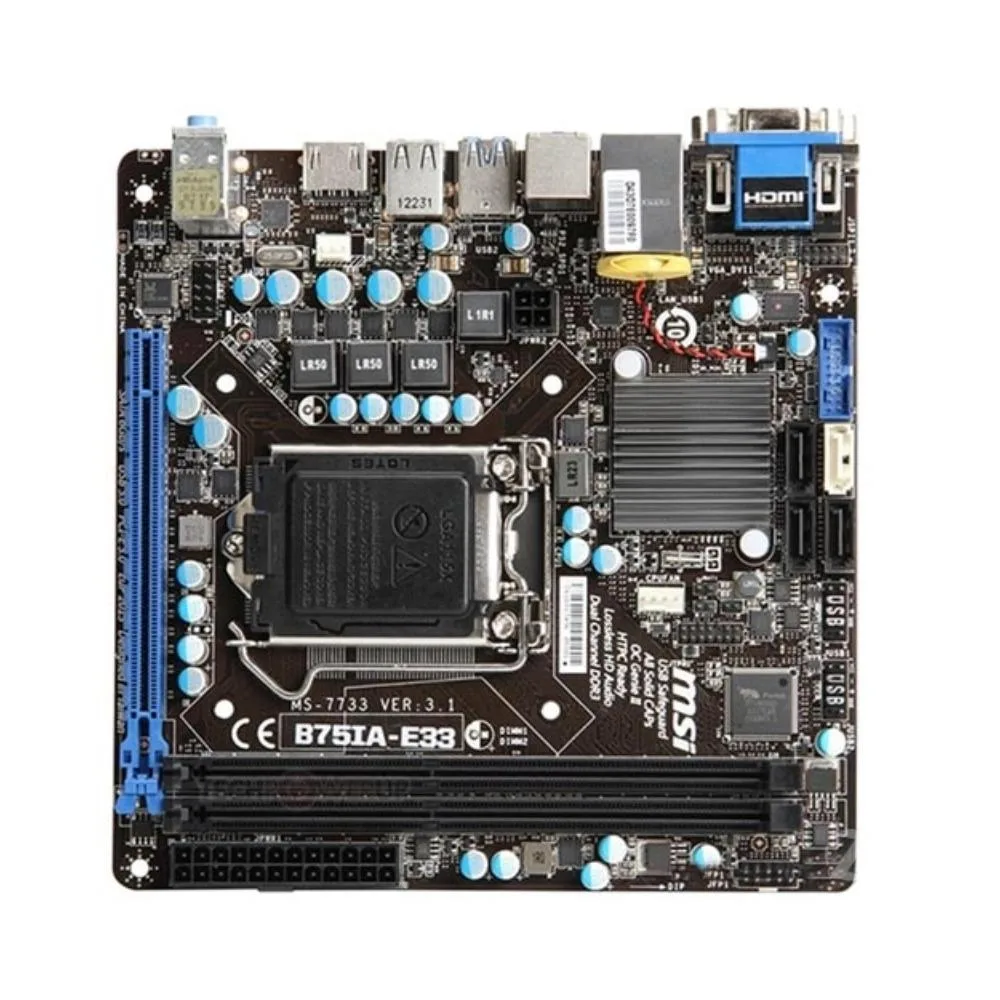 Small green Mini-ITX board with black LGA 1155 socket, two DDR3 slots, one PCIe x16 slot, rear I/O shield and silver heatsinks