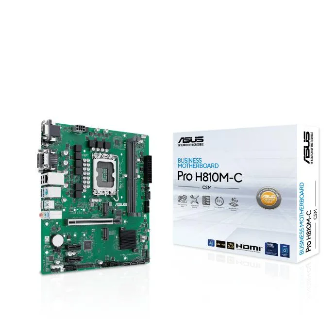 Green rectangular motherboard with silver CPU socket, black memory slots, multiple expansion slots and rear I/O ports visible