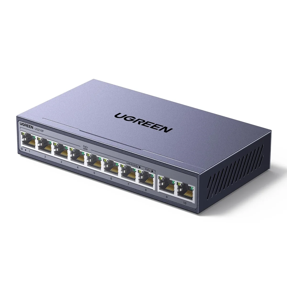  UGREEN 10-Port PoE Switch 8×PoE+ 60W 2×Gigabit Uplink Unmanaged — preces foto