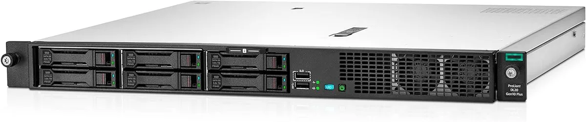 Silver 1U rack server with four front drive bays
