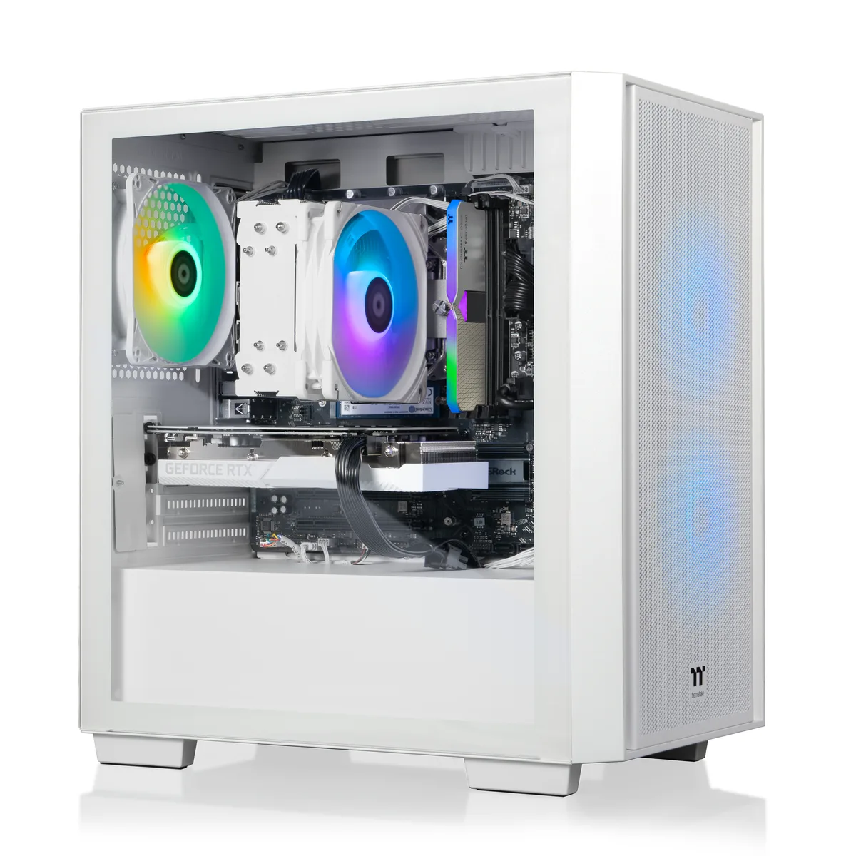 White mid-tower gaming PC with ARGB tower cooler visible through side panel