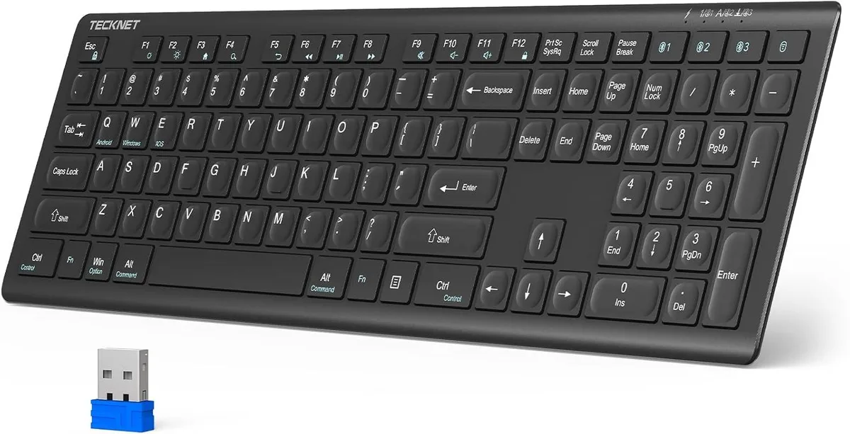 Slim full-size wireless keyboard with scissor keys, matte black finish and device-switch keys