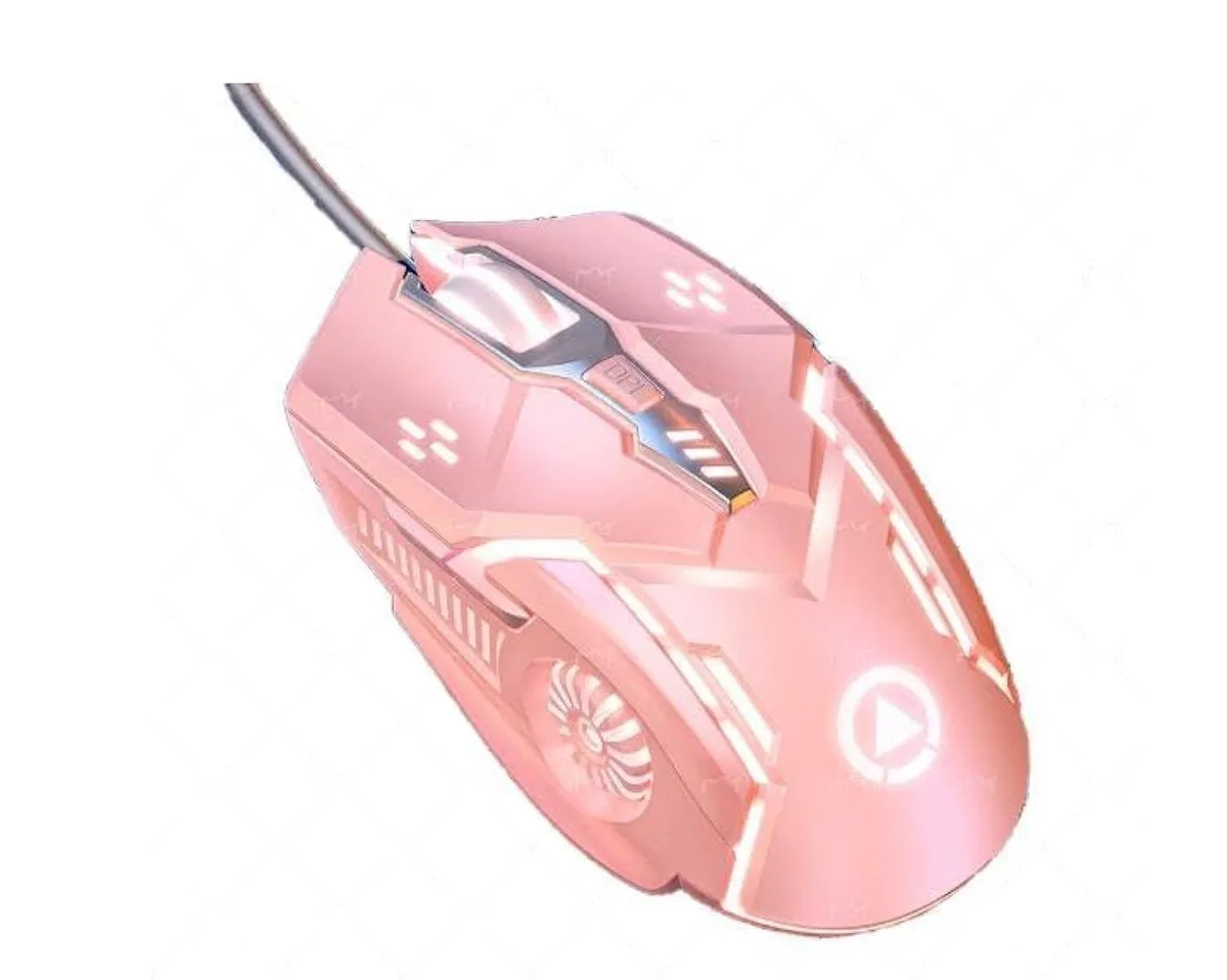 Pink wired gaming mouse, right-hand ergonomic shape, seven-color breathing LED lighting