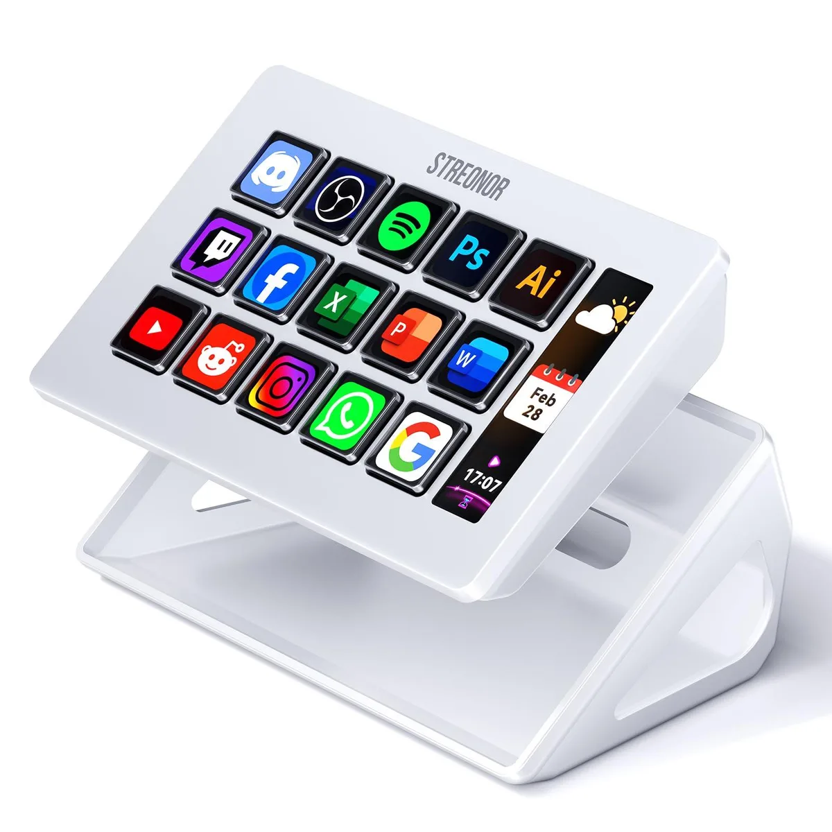 White macro keypad with 15 LCD keys and 3 status panels