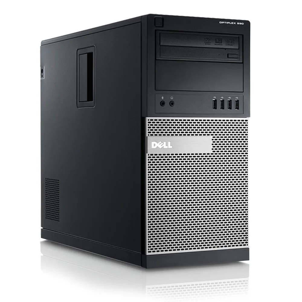 Black Dell OptiPlex 990 mini tower desktop, vertical orientation