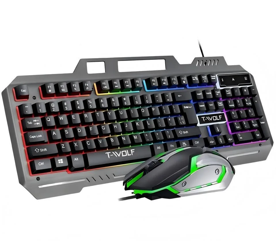 Gray full-size keyboard with metal panel, phone holder, palm rest and RGB backlit right-handed mouse