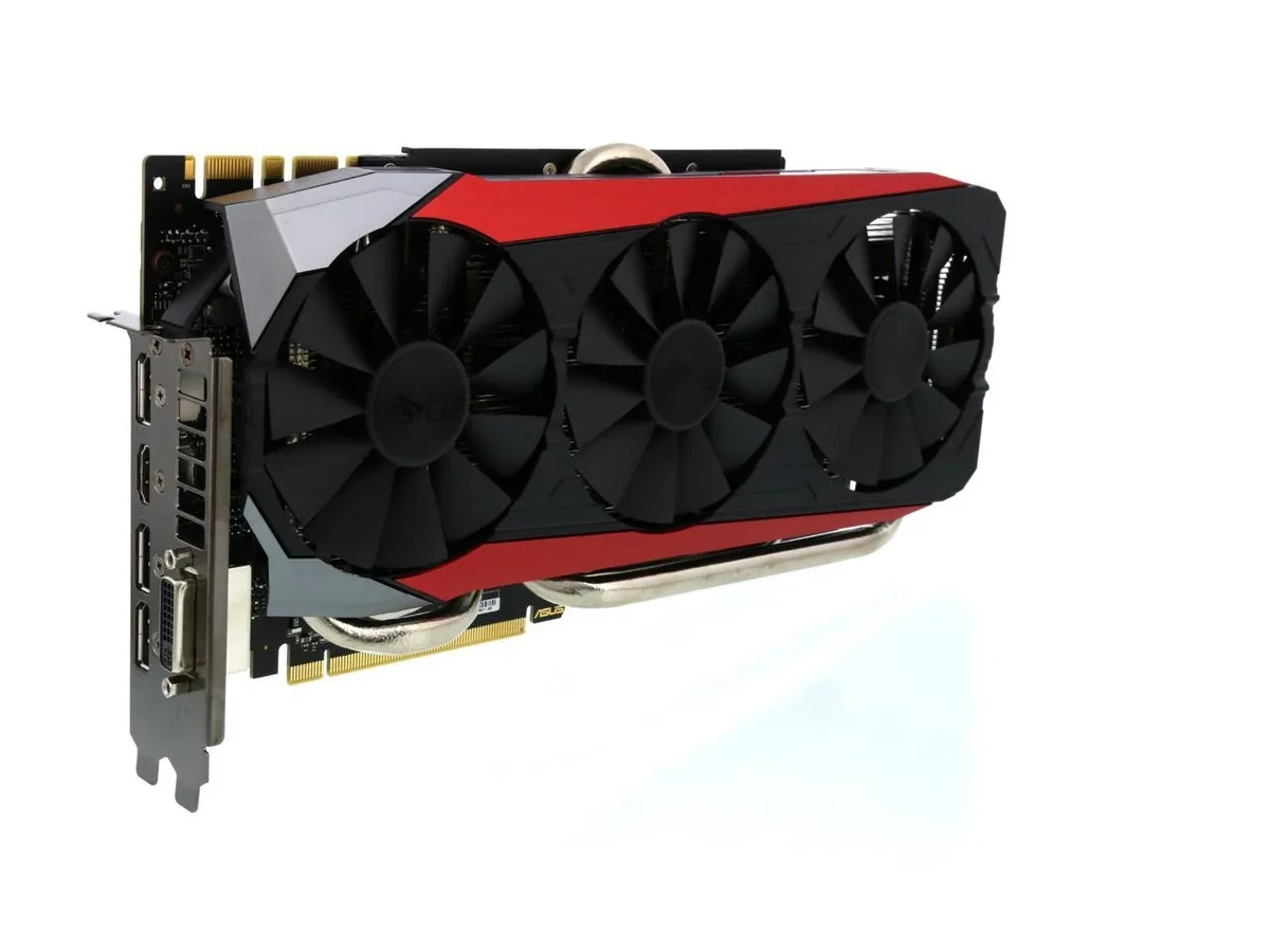 ASUS GeForce GTX 980 Ti Strix graphics card with three fans and silver shroud