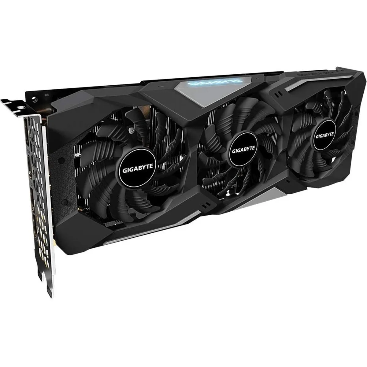 Black dual-fan graphics card with silver backplate