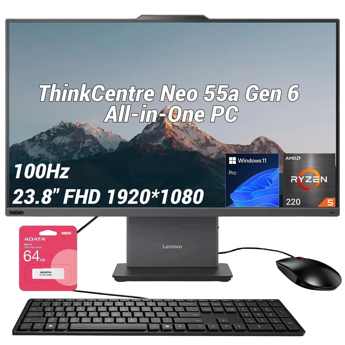Black all-in-one desktop with 23.8 inch display and matching wired keyboard and mouse