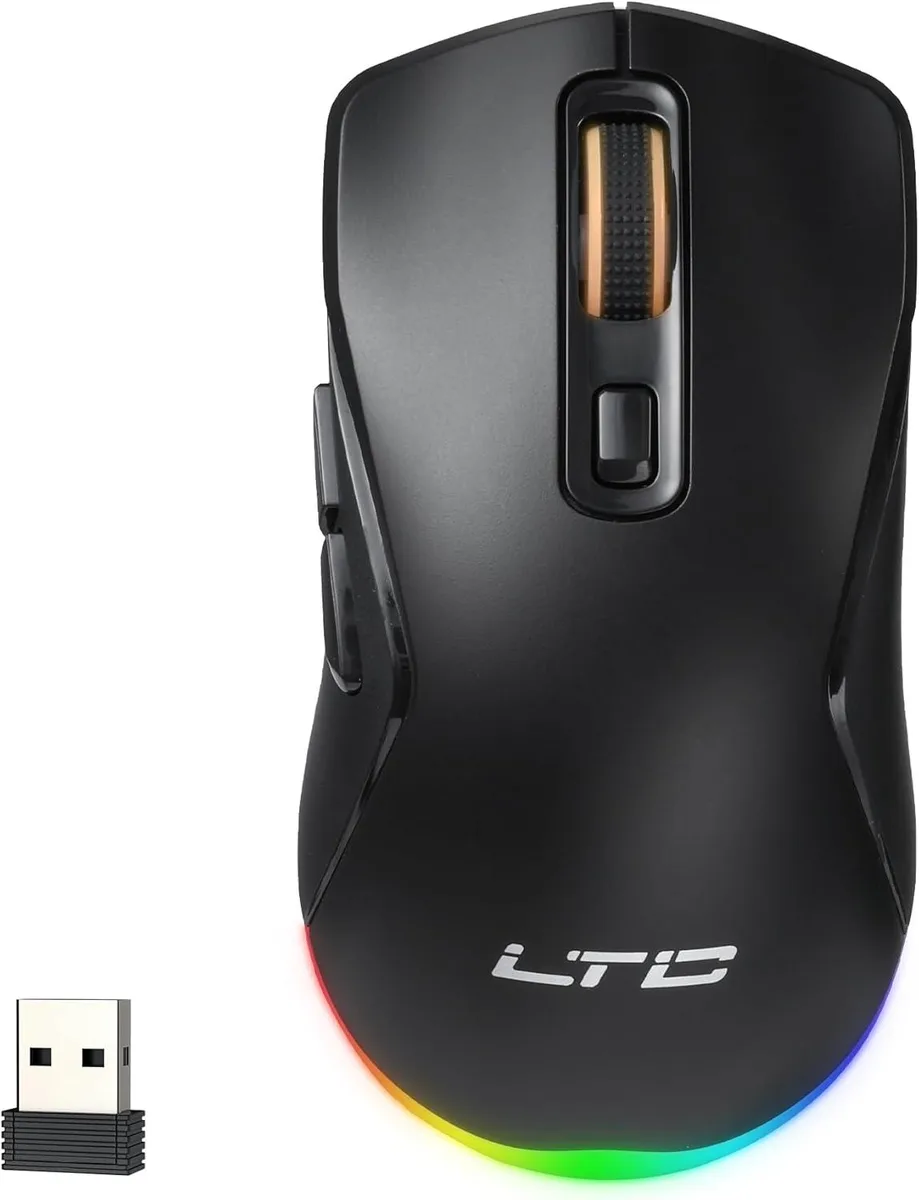 Black ergonomic gaming mouse with RGB lighting and six buttons