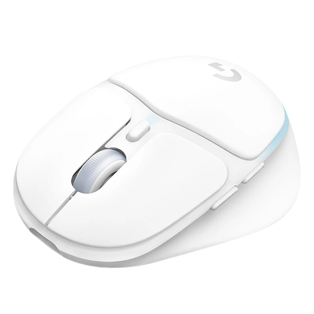 Compact white wireless gaming mouse with sculpted right-handed shape, thumb rest, six buttons