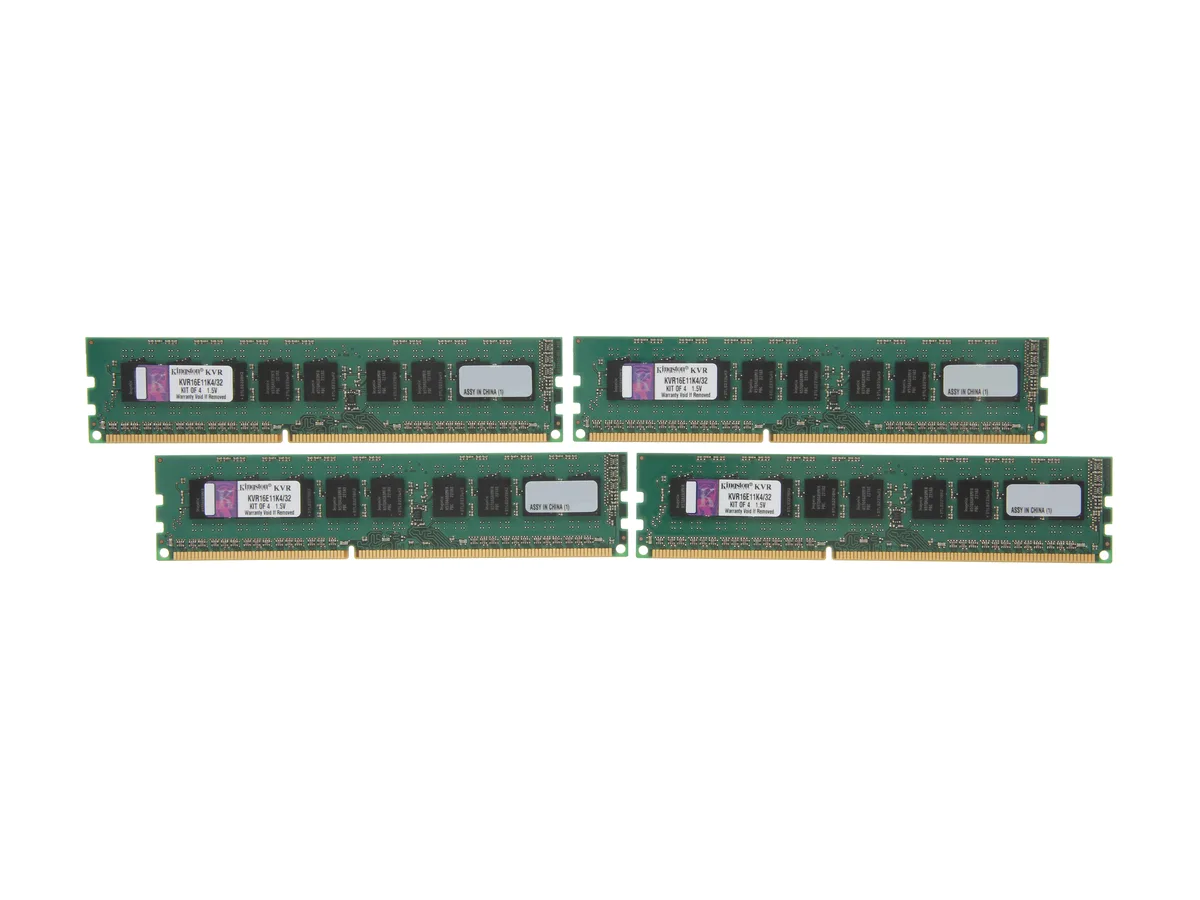 Four green DIMM modules with black chips and silver heat spreaders