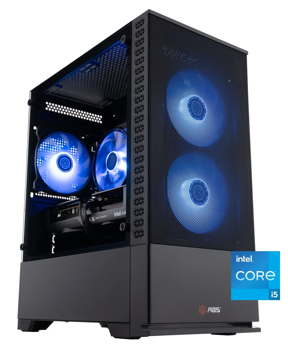 Mid-tower gaming desktop in black case with ARGB CPU cooler visible through side panel
