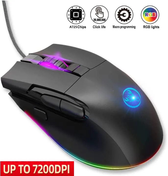 Wired black gaming mouse with RGB lighting and 8 buttons