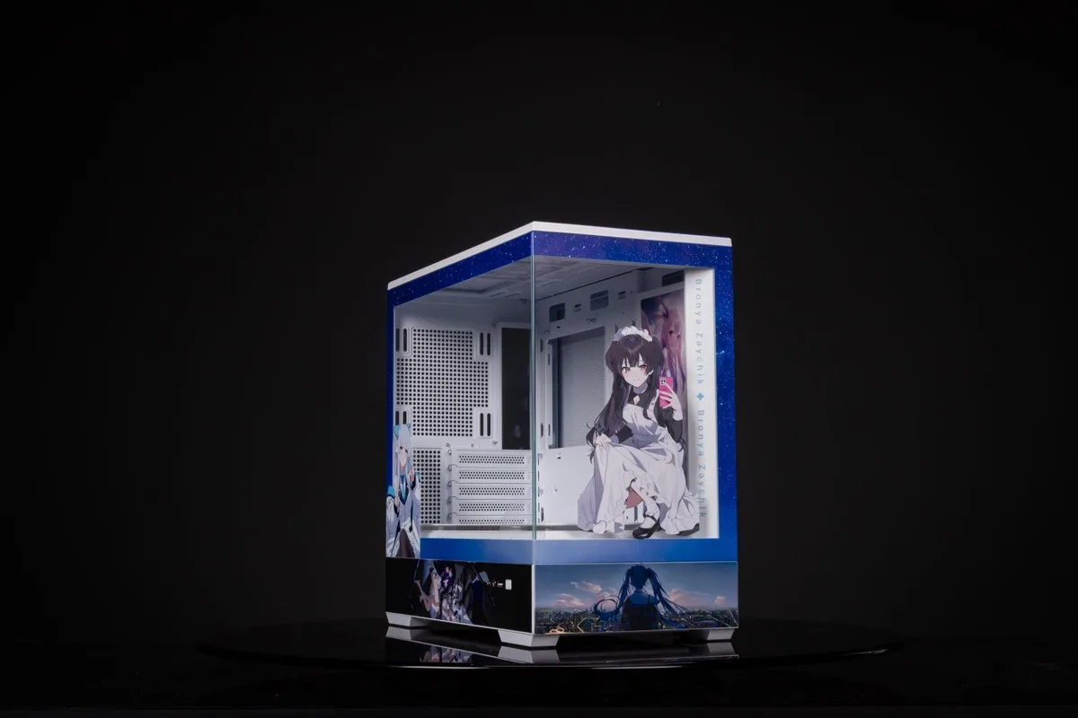 White and blue mid-tower with tempered glass side panel and manga-themed accents