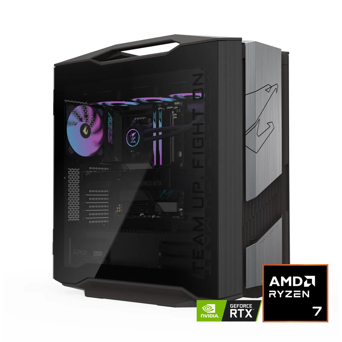Black mid-tower gaming desktop with tempered glass side panel