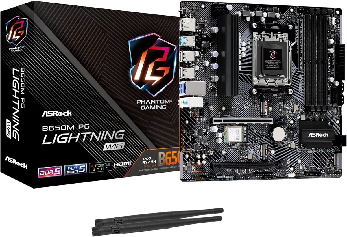 Micro-ATX motherboard in dark finish with silver heatsinks, AM5 socket, four DDR5 slots, Wi-Fi antennas