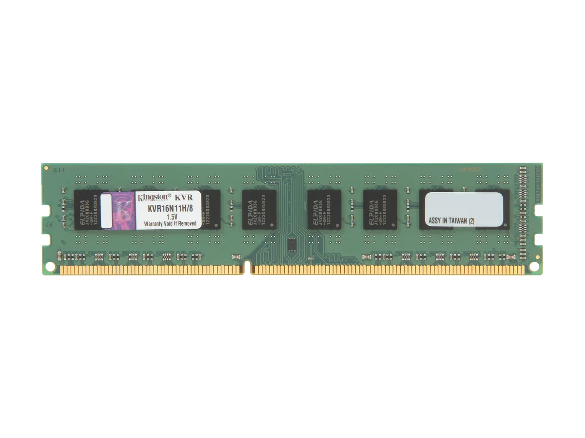 Green circuit board with black memory chips and gold edge connectors