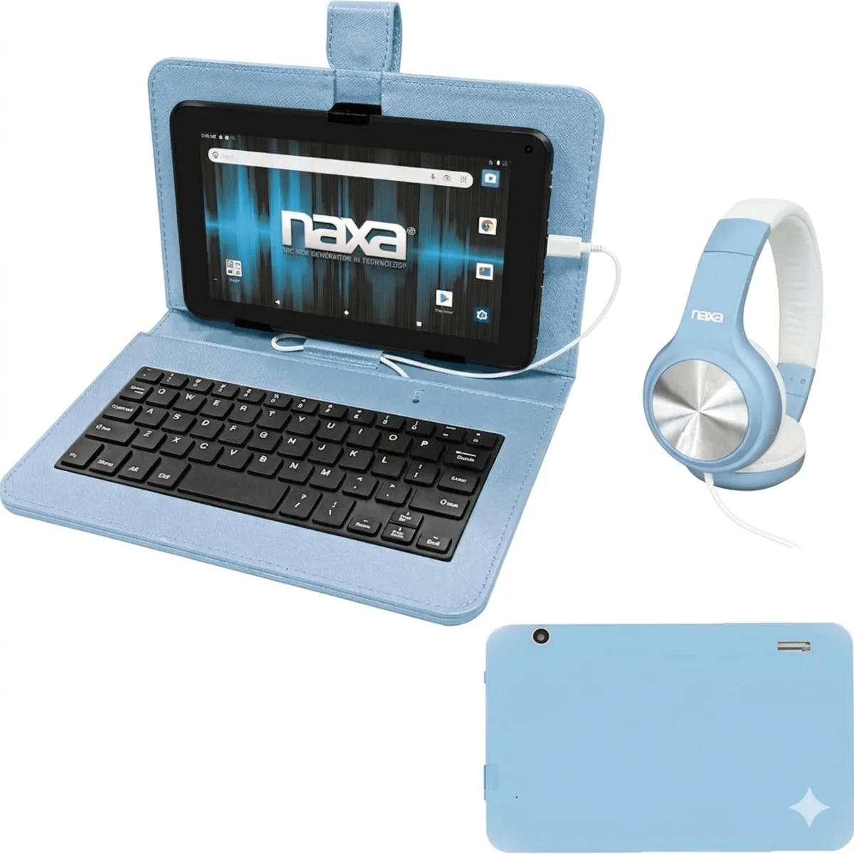 Blue 7-inch Android tablet with keyboard case and headphones