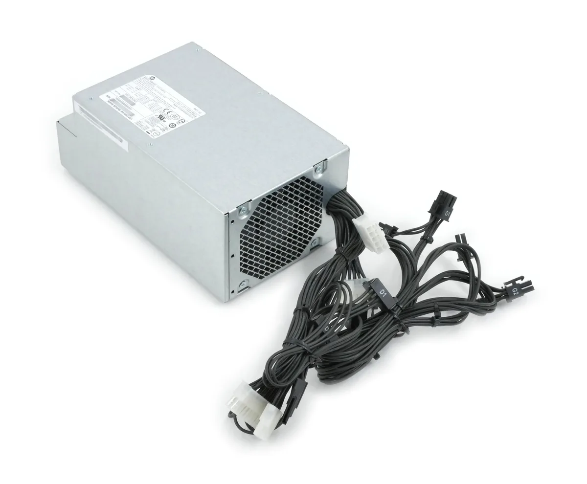 Silver rectangular ATX power supply unit with rear fan grille and side label