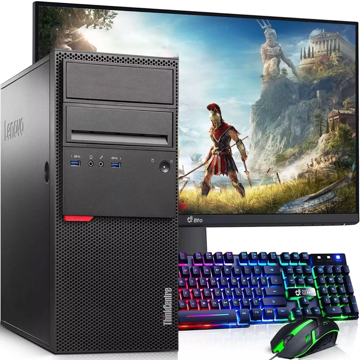Black tower desktop with 24 inch monitor keyboard and mouse