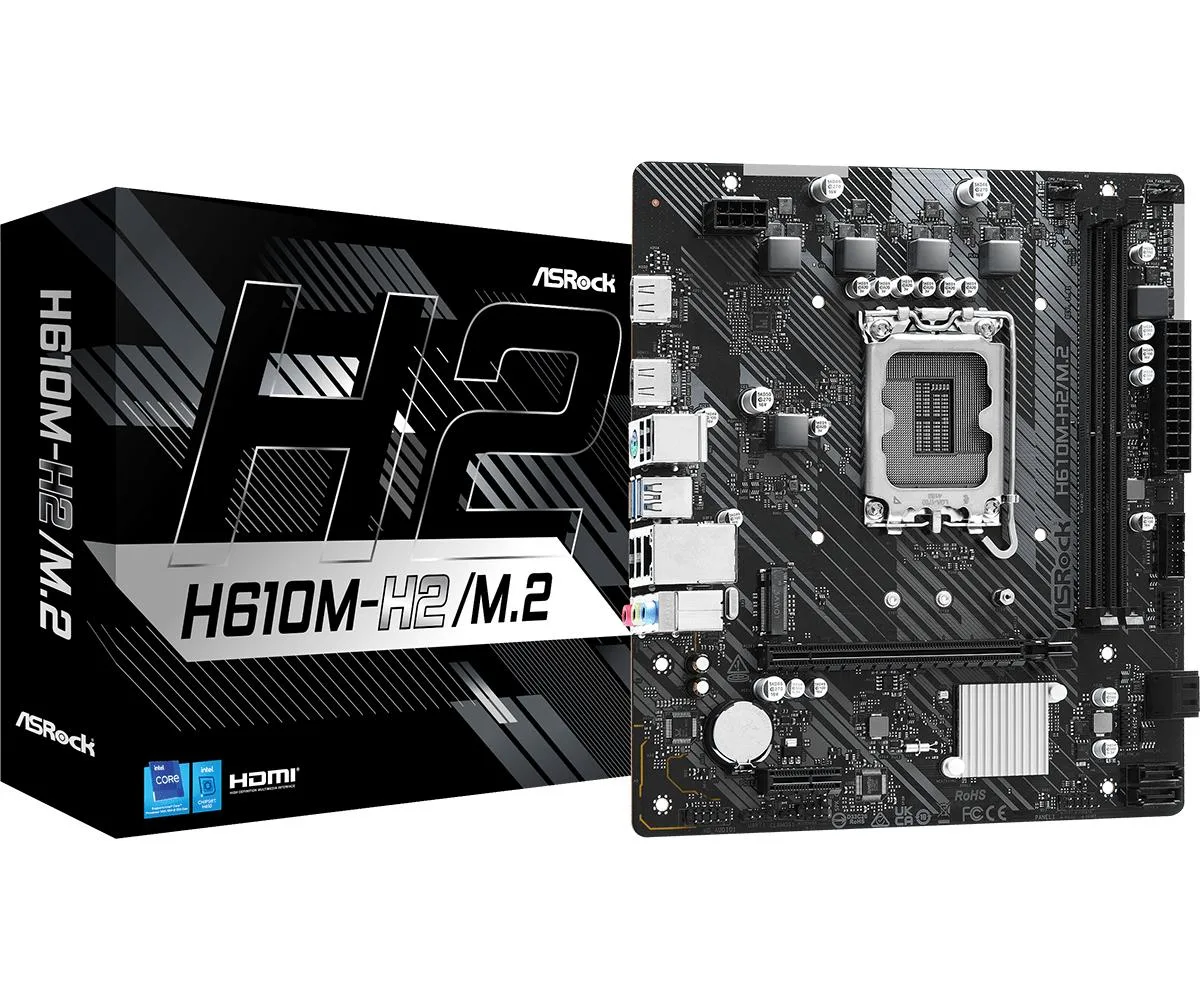 Green micro-ATX board with silver CPU socket, two black DDR4 slots, single full-length PCIe slot, two HDMI ports, and one M.2 slot