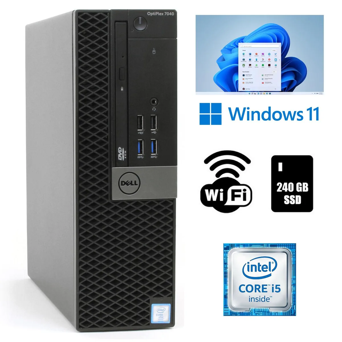 Black small form factor desktop tower with DVD drive and USB Wi-Fi adapter