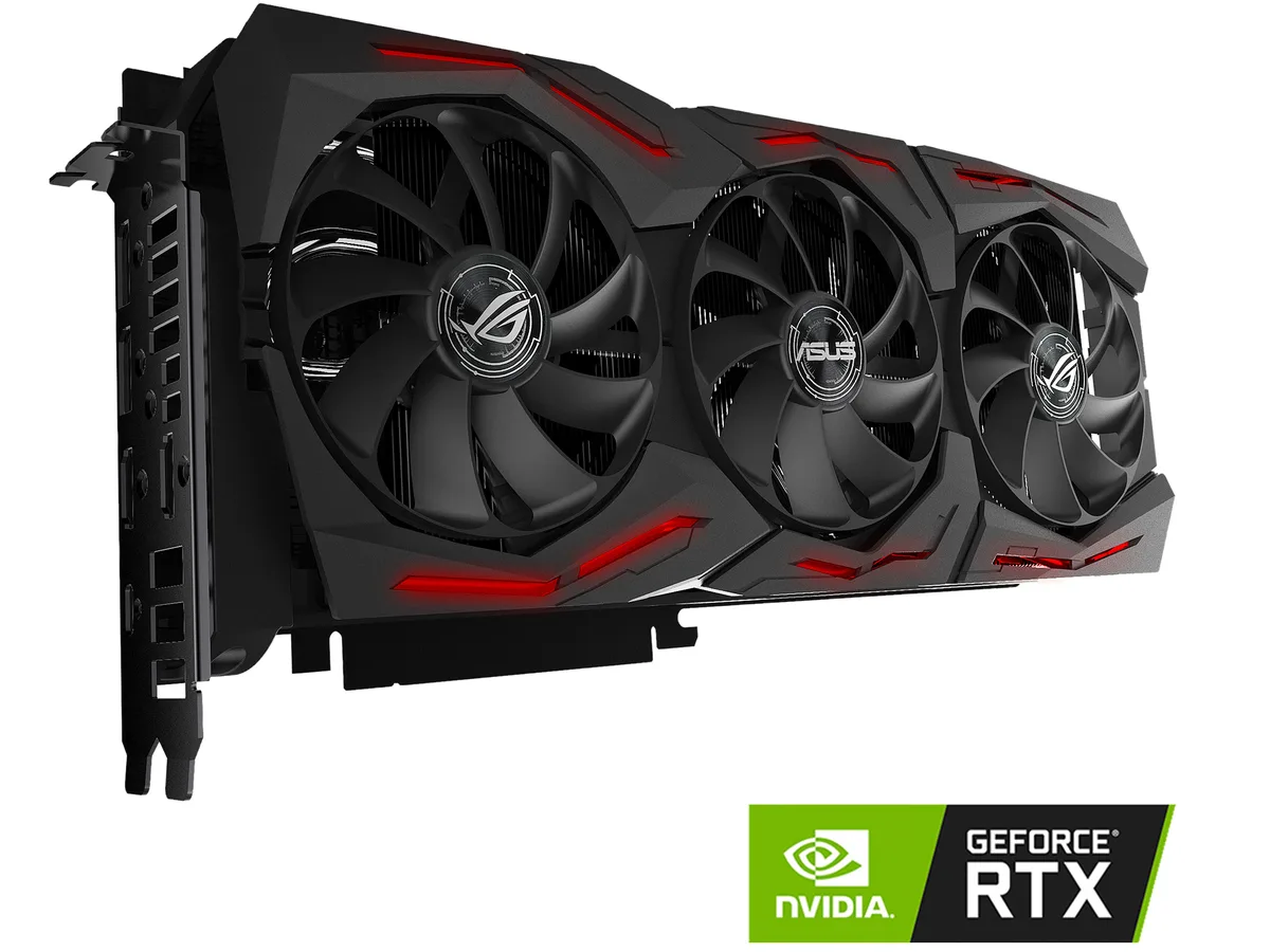 ASUS ROG Strix RTX 2080 Ti graphics card with triple-fan cooler and metal backplate