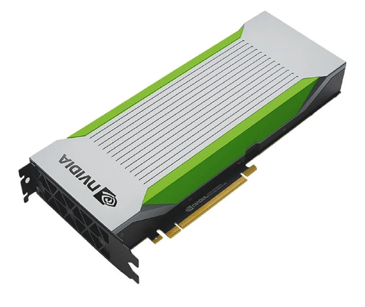 Full-length dual-slot graphics card with matte silver passive heatsink and gold PCIe connector