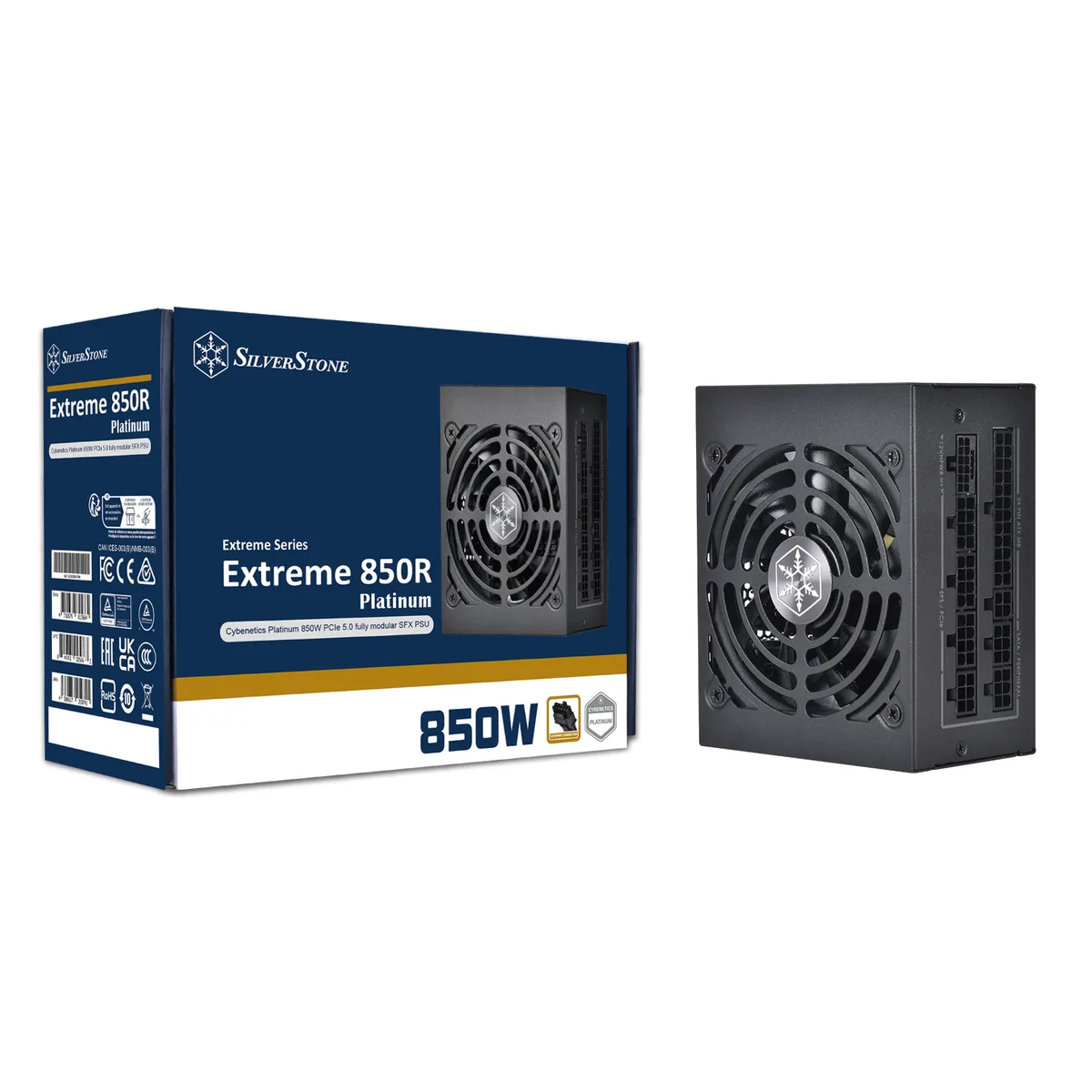Compact black SFX power supply with 92 mm fan and modular cable sockets