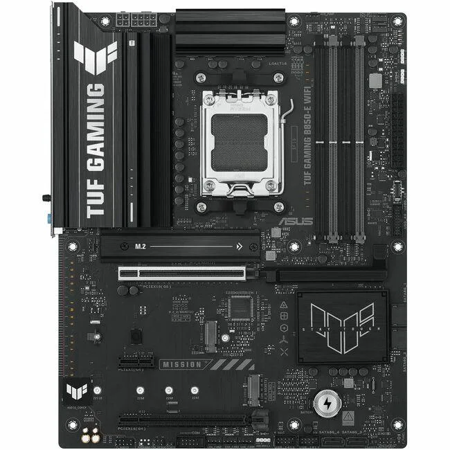 ATX motherboard in dark grey with yellow accents, large VRM heatsinks, covered M.2 slots, rear I/O shield pre-mounted