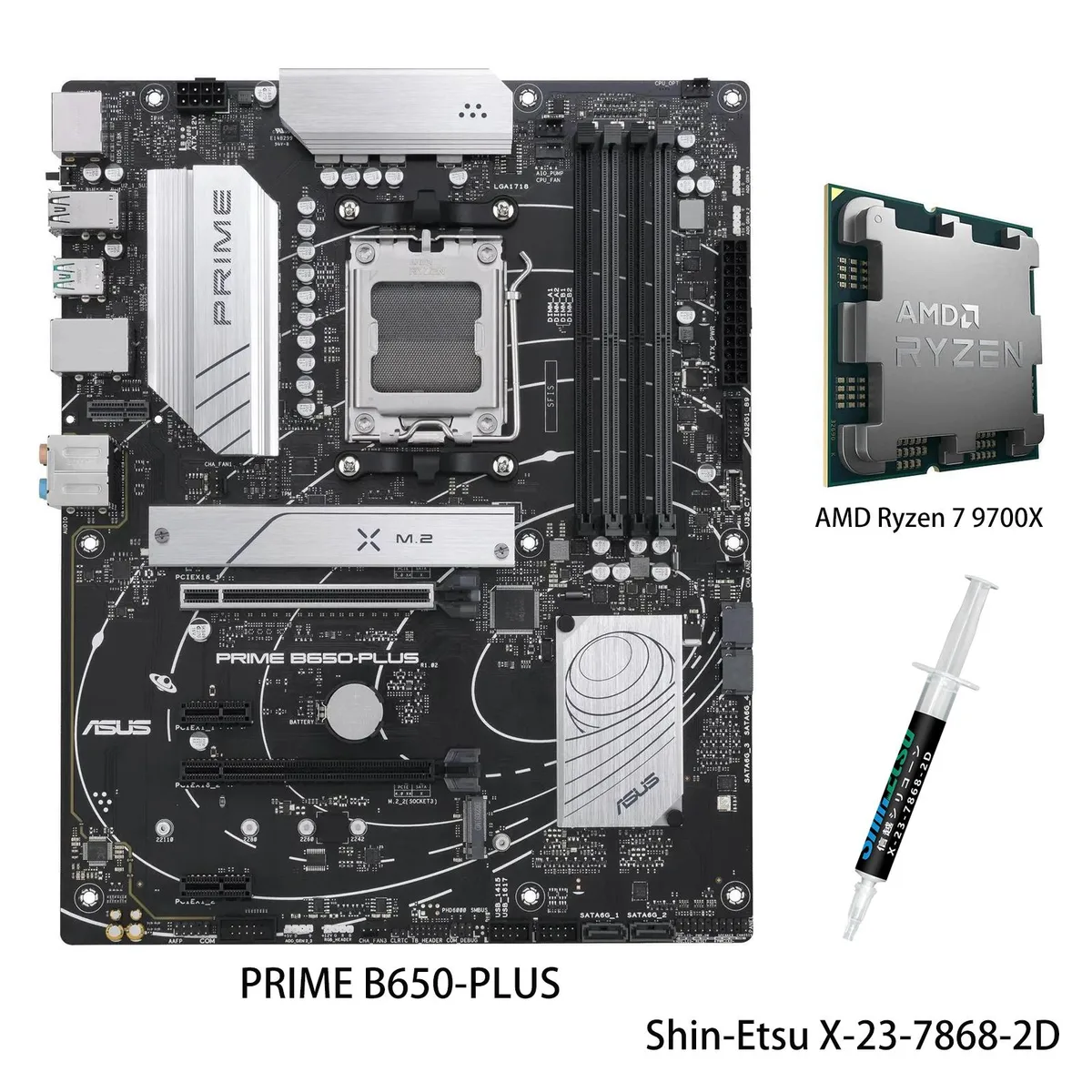 ASUS PRIME B650-PLUS motherboard with Ryzen 7 9700X CPU in AM5 socket ATX form factor black PCB silver heatsinks