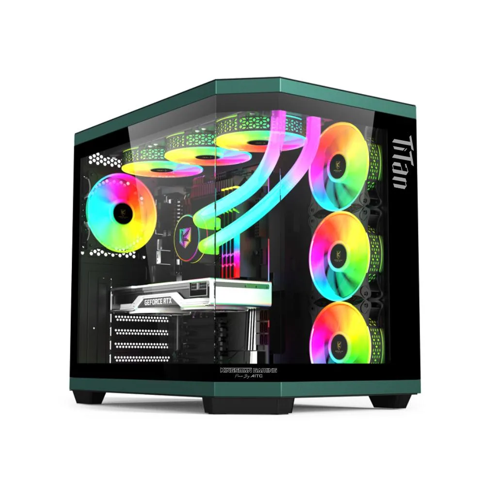 Black open-frame mid-tower with three tempered glass panels and four ARGB fans