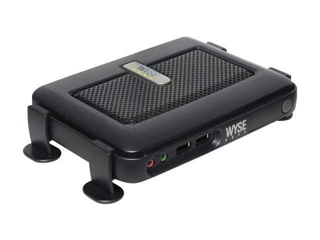 Small silver thin-client box with front ports and vents