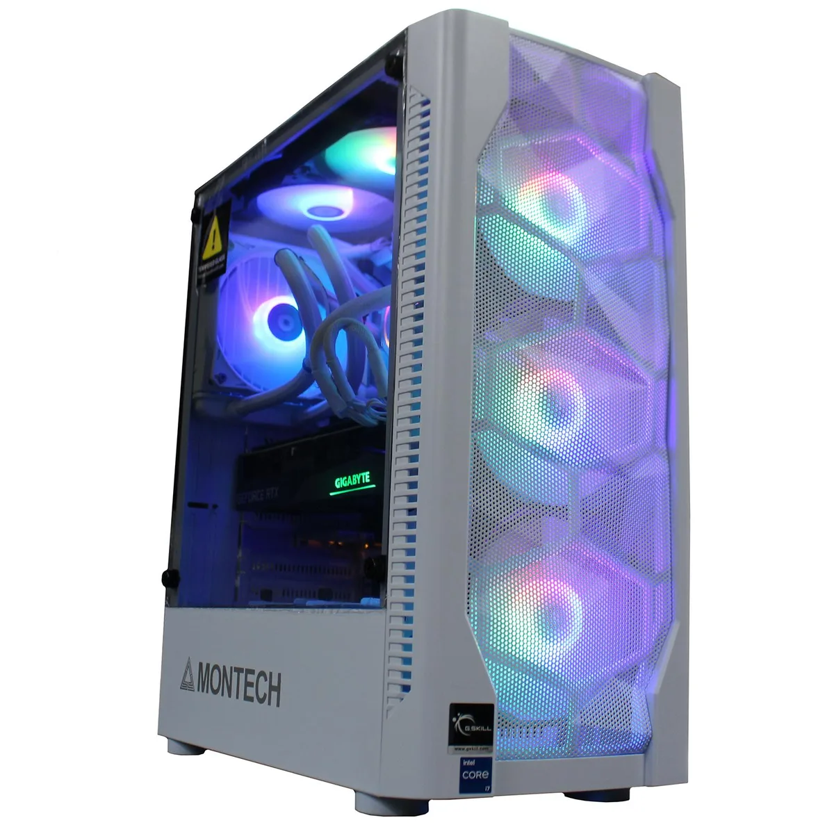 White mid-tower gaming desktop with tempered glass side panel and included white keyboard and mouse