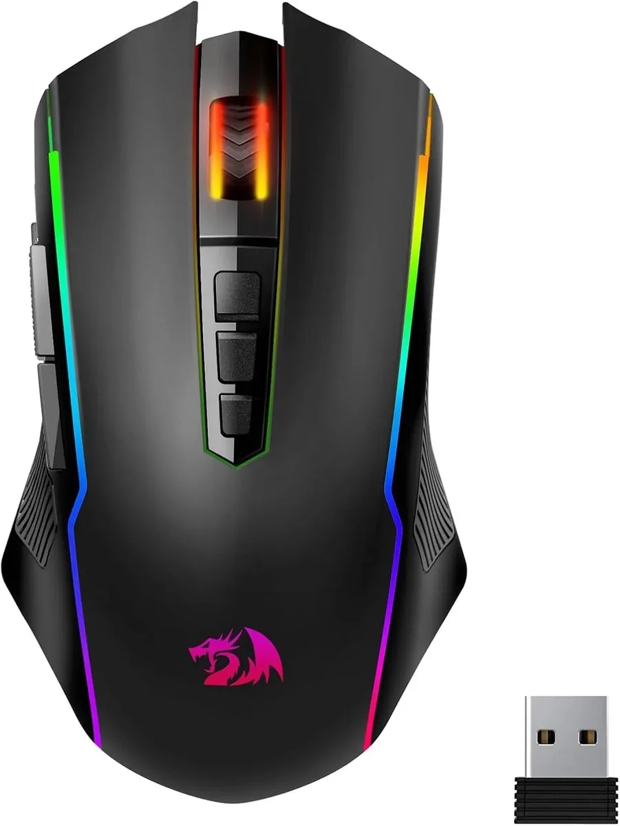 Black right-handed gaming mouse with RGB lighting and nine programmable buttons