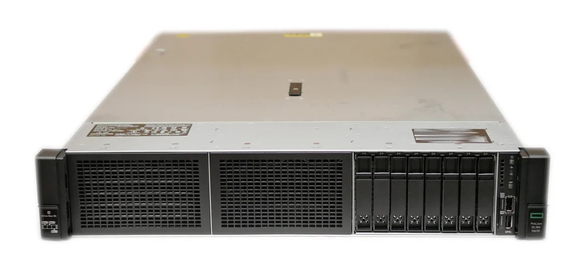 Silver 2U rack server with eight front drive bays and HPE badge