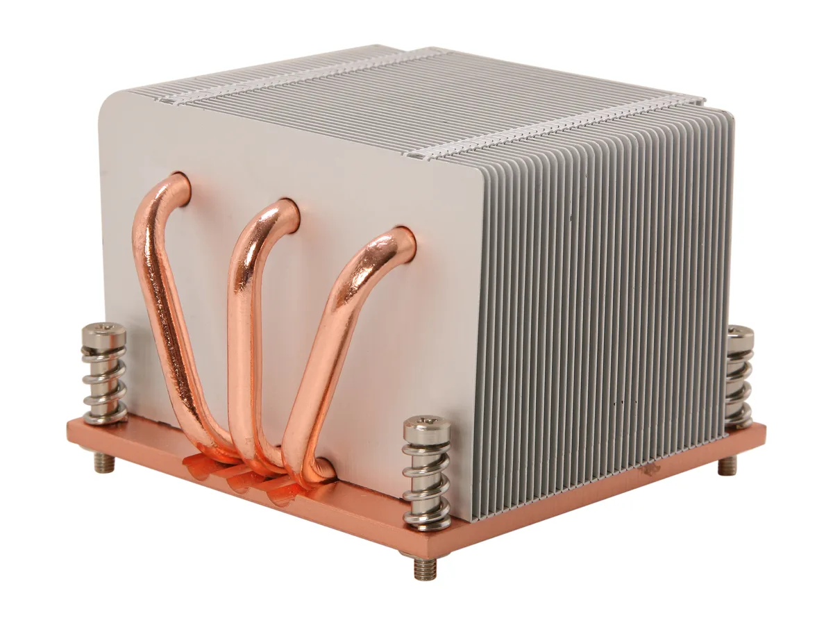 Square copper-base heatsink with three heatpipes and aluminium fins, 64 mm tall