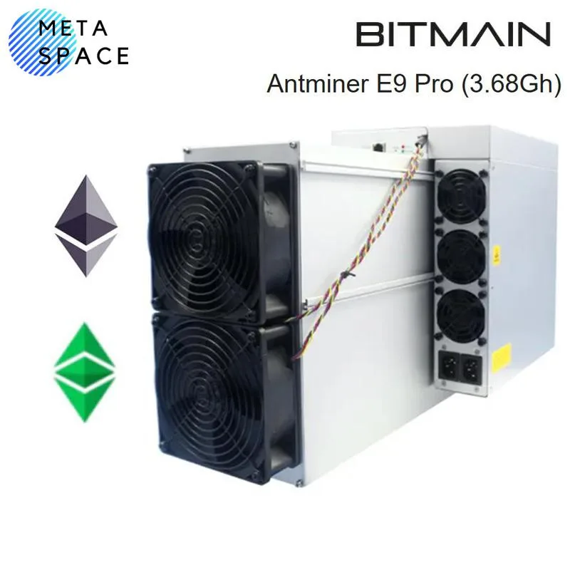 Rectangular metal mining unit, matte grey finish, four fans on one side, Ethernet port visible, 195 by 290 by 400 millimetres