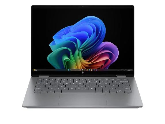 Silver 14-inch 2K touchscreen convertible laptop with edge-to-edge glass
