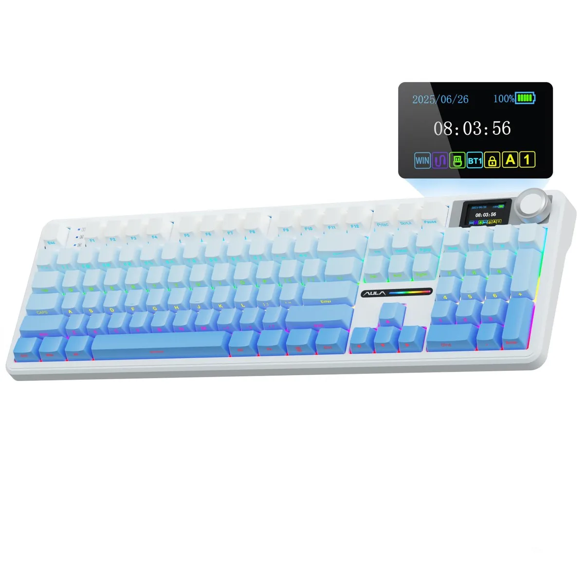Full-size gradient-blue mechanical keyboard with a colour TFT screen and rotary knob