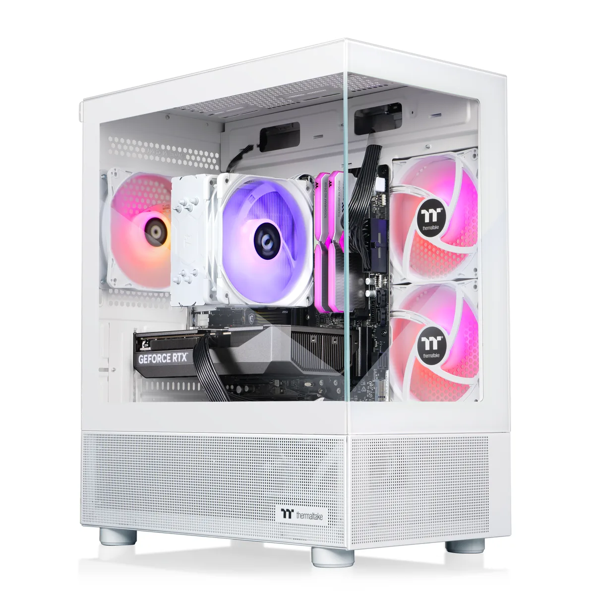 White mid-tower gaming PC with ARGB tower cooler visible inside