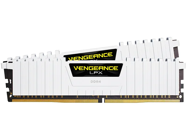 Two white low-profile DDR4 modules with anodized aluminum heatspreaders