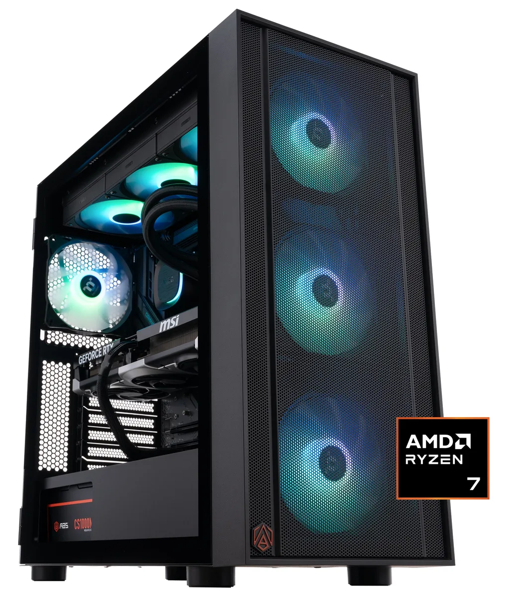 Black mid-tower gaming desktop with RGB-lit liquid cooler visible through side panel