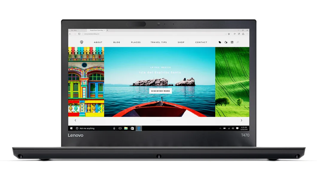 Black textured ThinkPad T470 laptop closed showing 14.0 inch FHD touch display