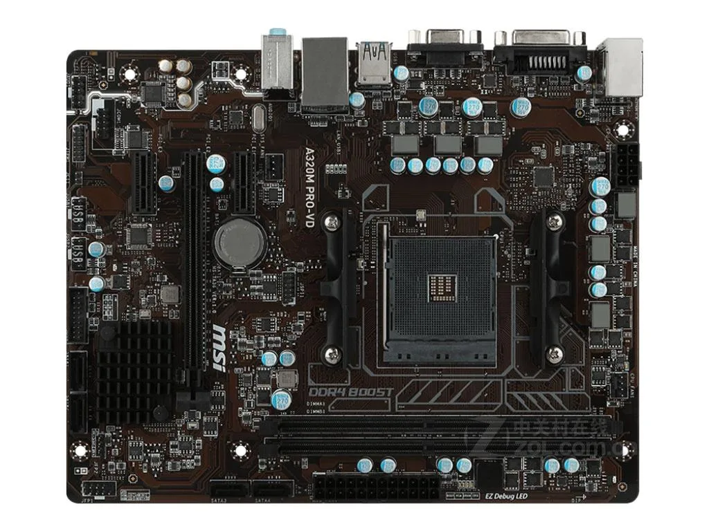 Green rectangular Micro ATX circuit board with silver socket and black slots