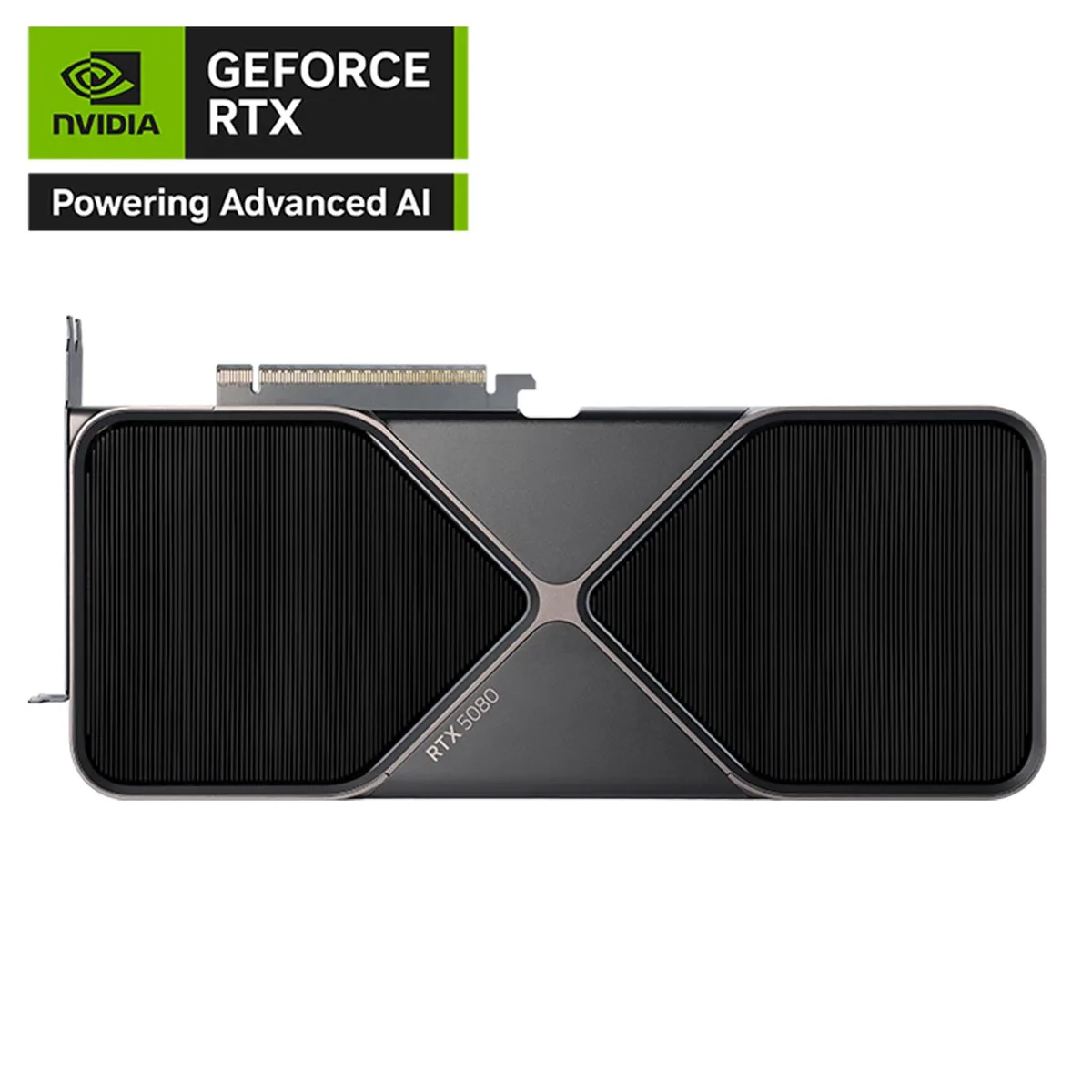 NVIDIA GeForce RTX 5080 graphics card with dual-slot cooler and metal backplate