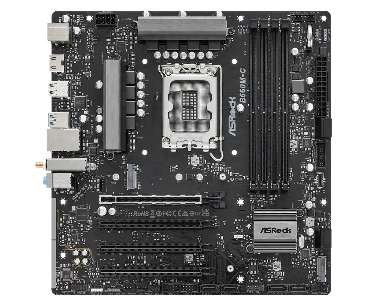 Green microATX motherboard with silver LGA 1700 socket and black DDR4 slots