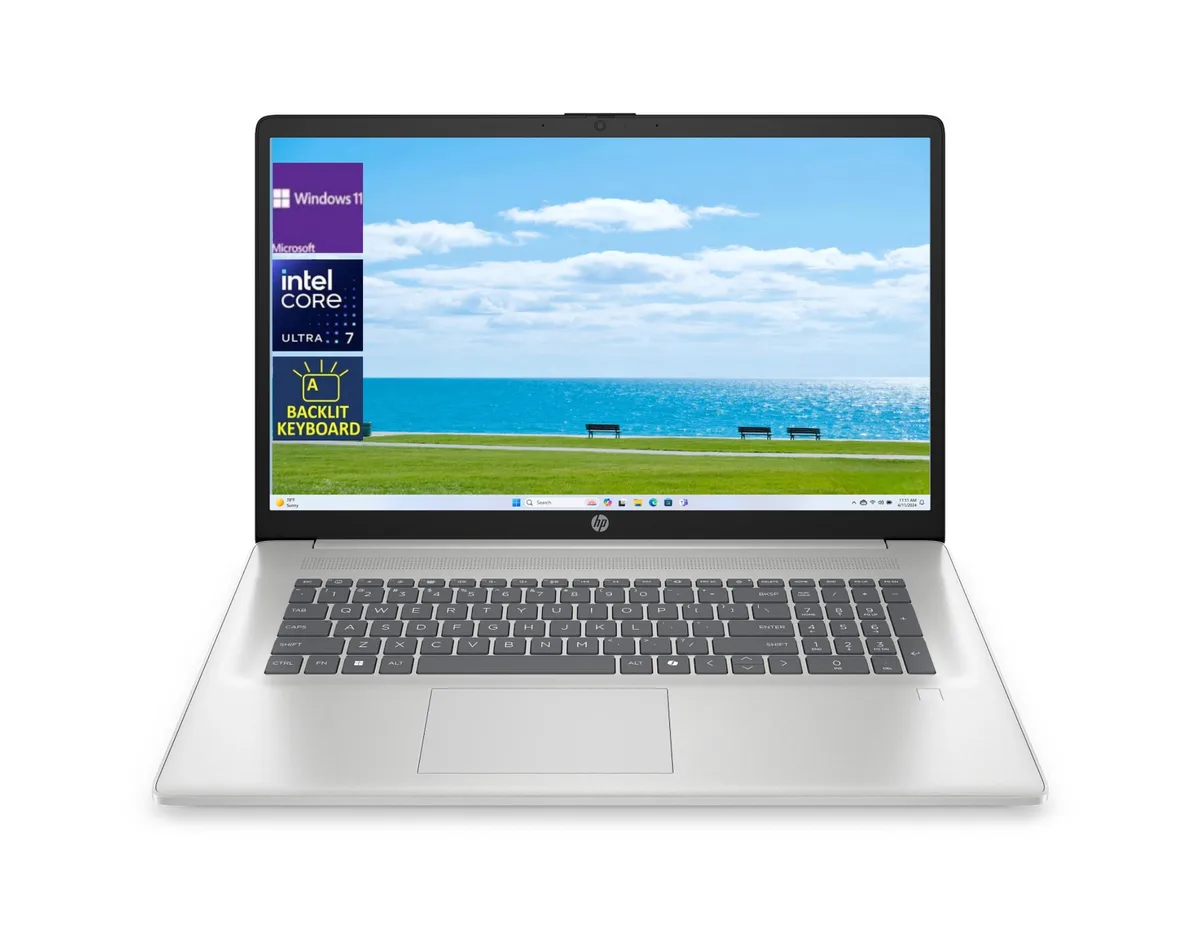 Silver 17.3 inch laptop with full-size backlit keyboard and numeric keypad